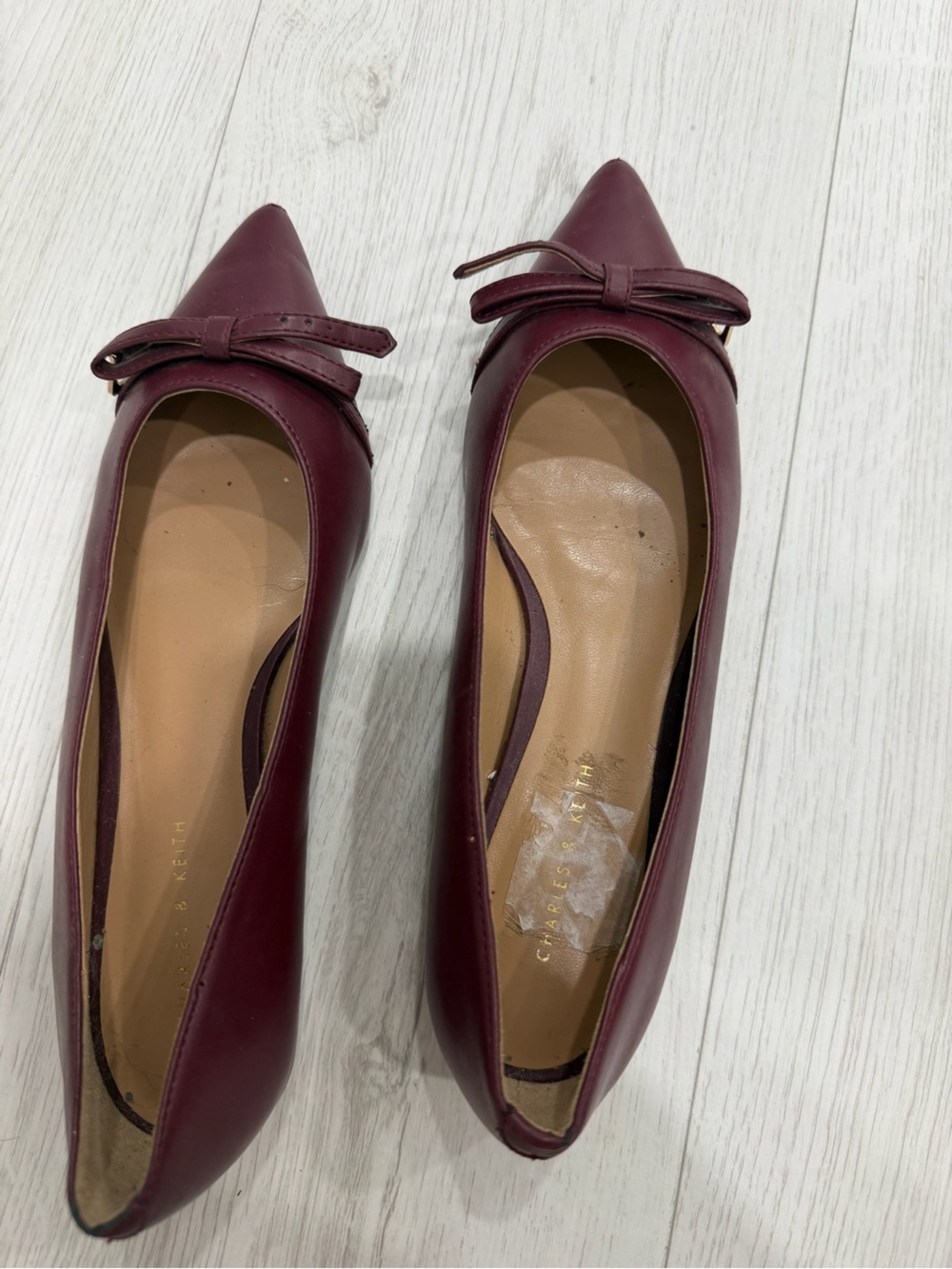 Charles & Keith Wine-Red Pointed Toe Ballet Flats with Bow